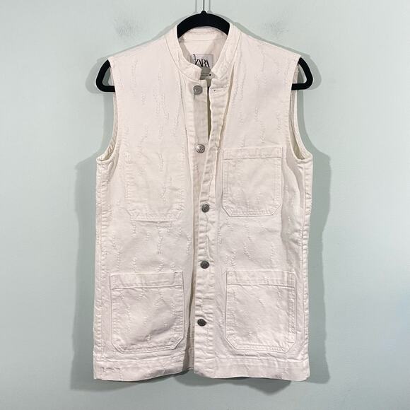 Zara Women's White Distressed Long Length Button Up Denim Vest Size S - Picture 1 of 6